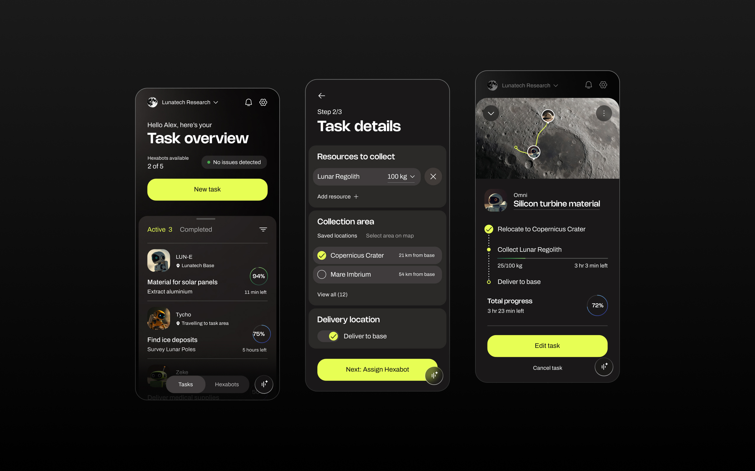 Three dark-mode screens of the Hexabot app – a task overview, task details, and an ongoing task tracked on a map of the moon