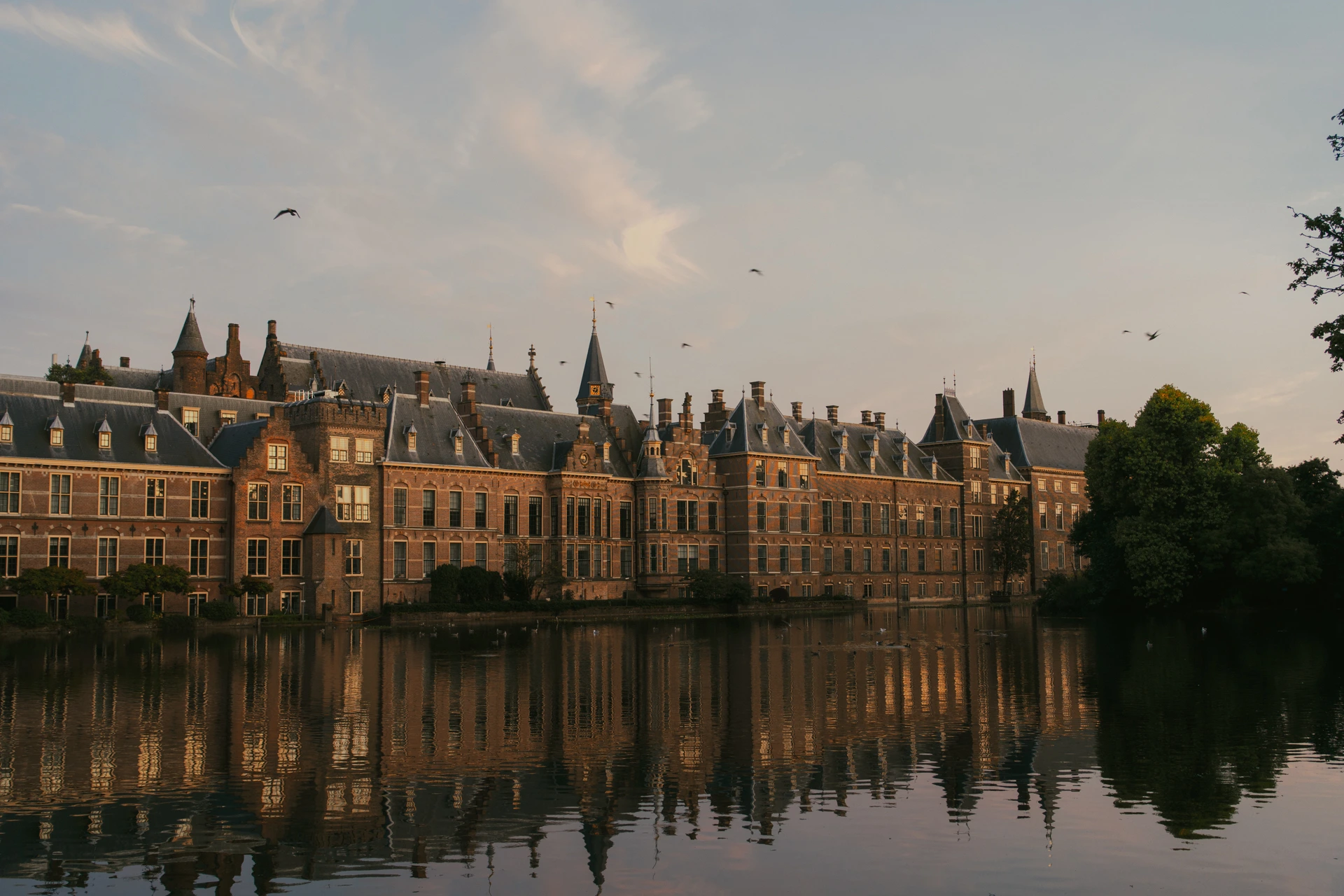 The brick facade and slate turrets of the Binnenhof in The Hague lit gold by the setting sun, seen across the still Hofvijver pond with the whole building mirrored in the water and birds circling above