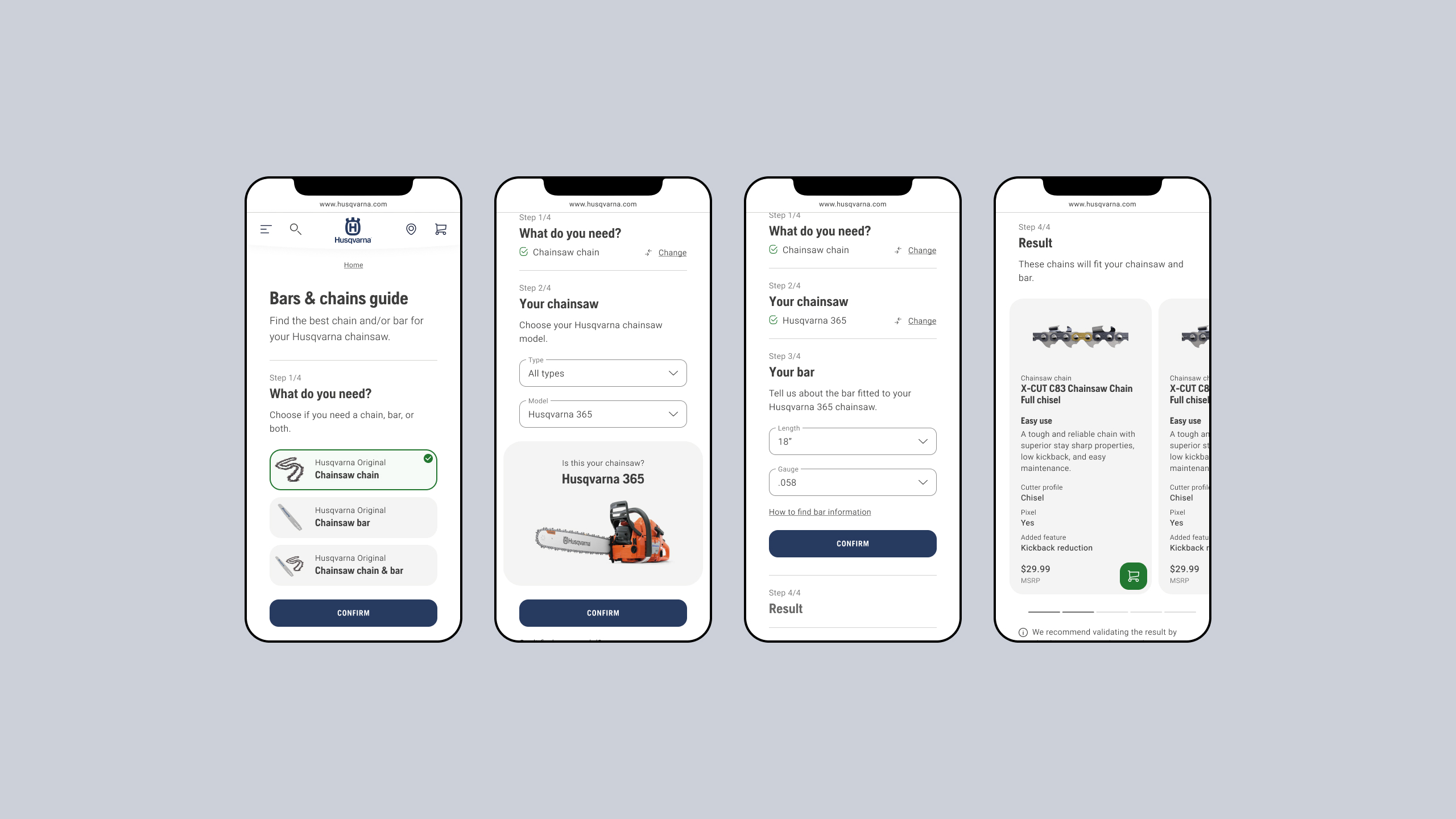 The bars and chains guide, stepping a customer through questions about their chainsaw