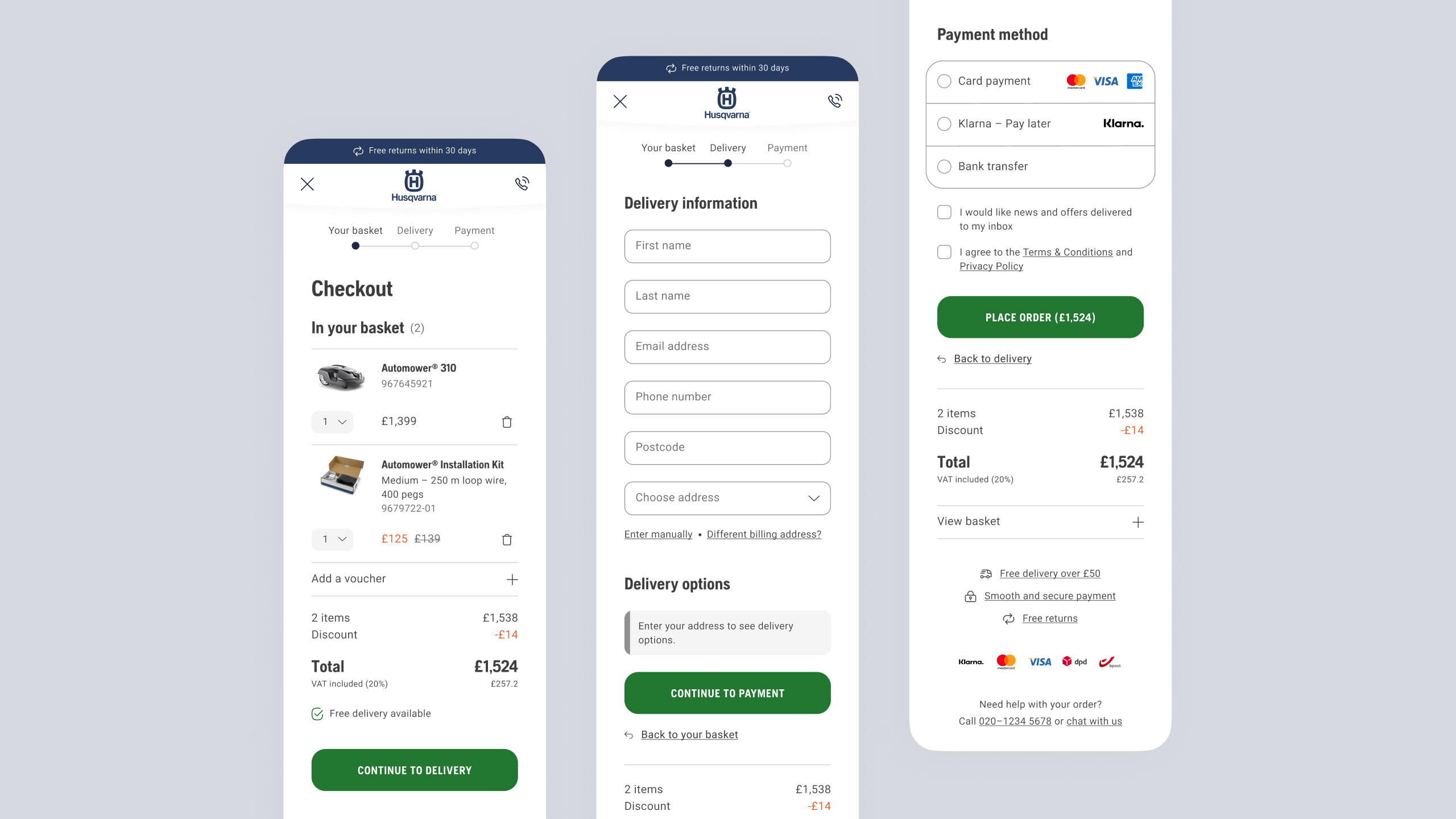 The three main steps of the Husqvarna mobile checkout shown side by side