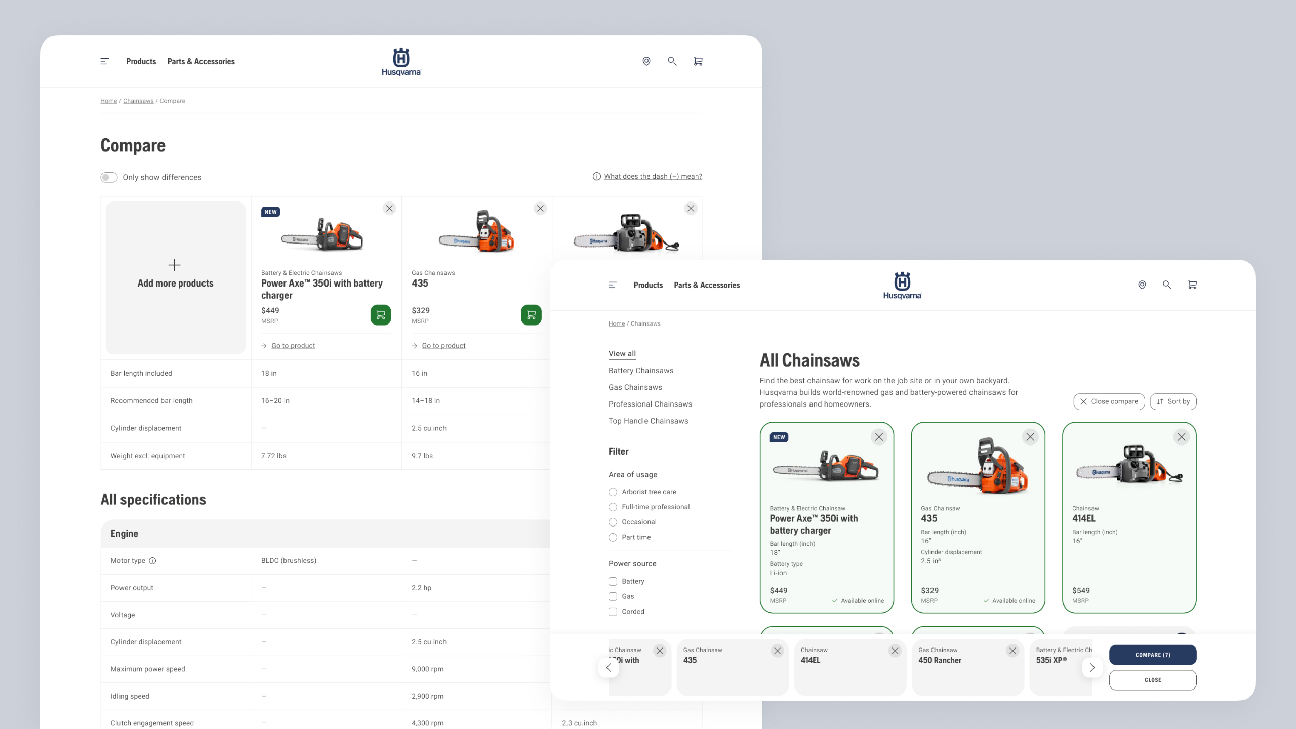 Two Husqvarna products compared side by side across their specifications