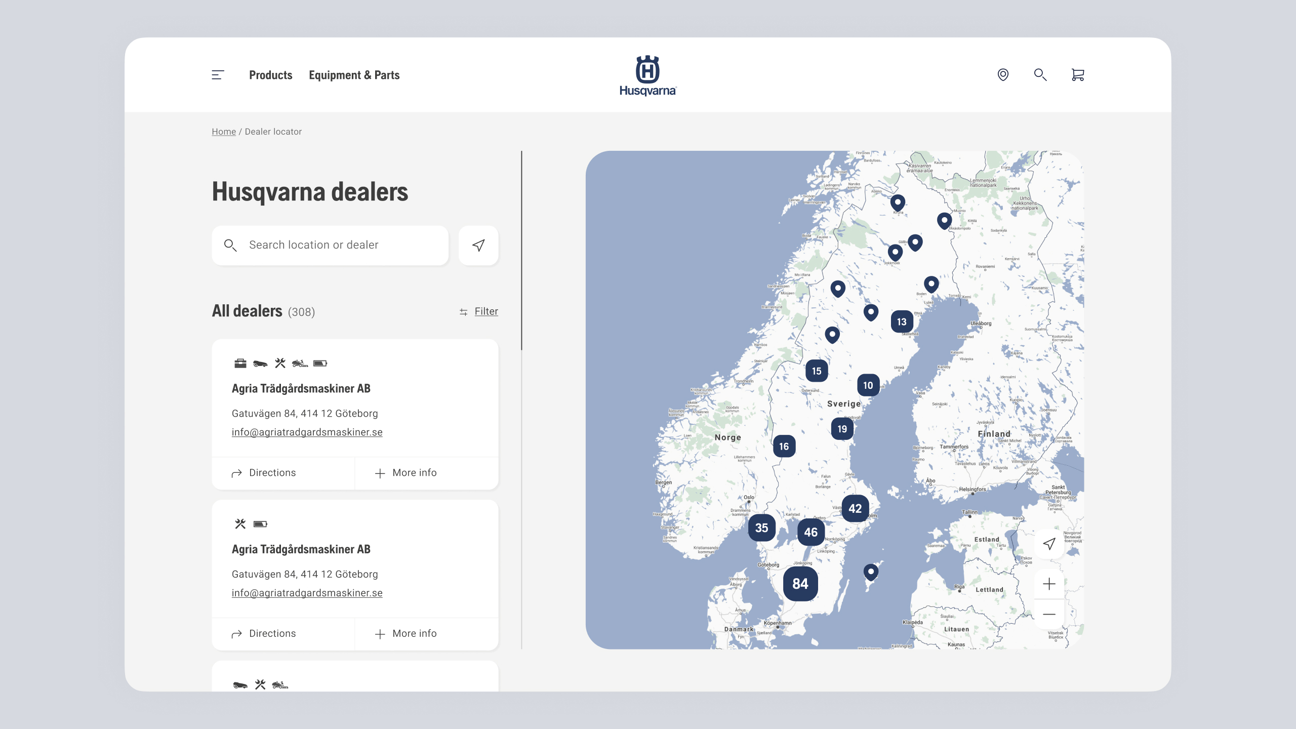 The Husqvarna dealer locator with a map and a list of nearby dealers
