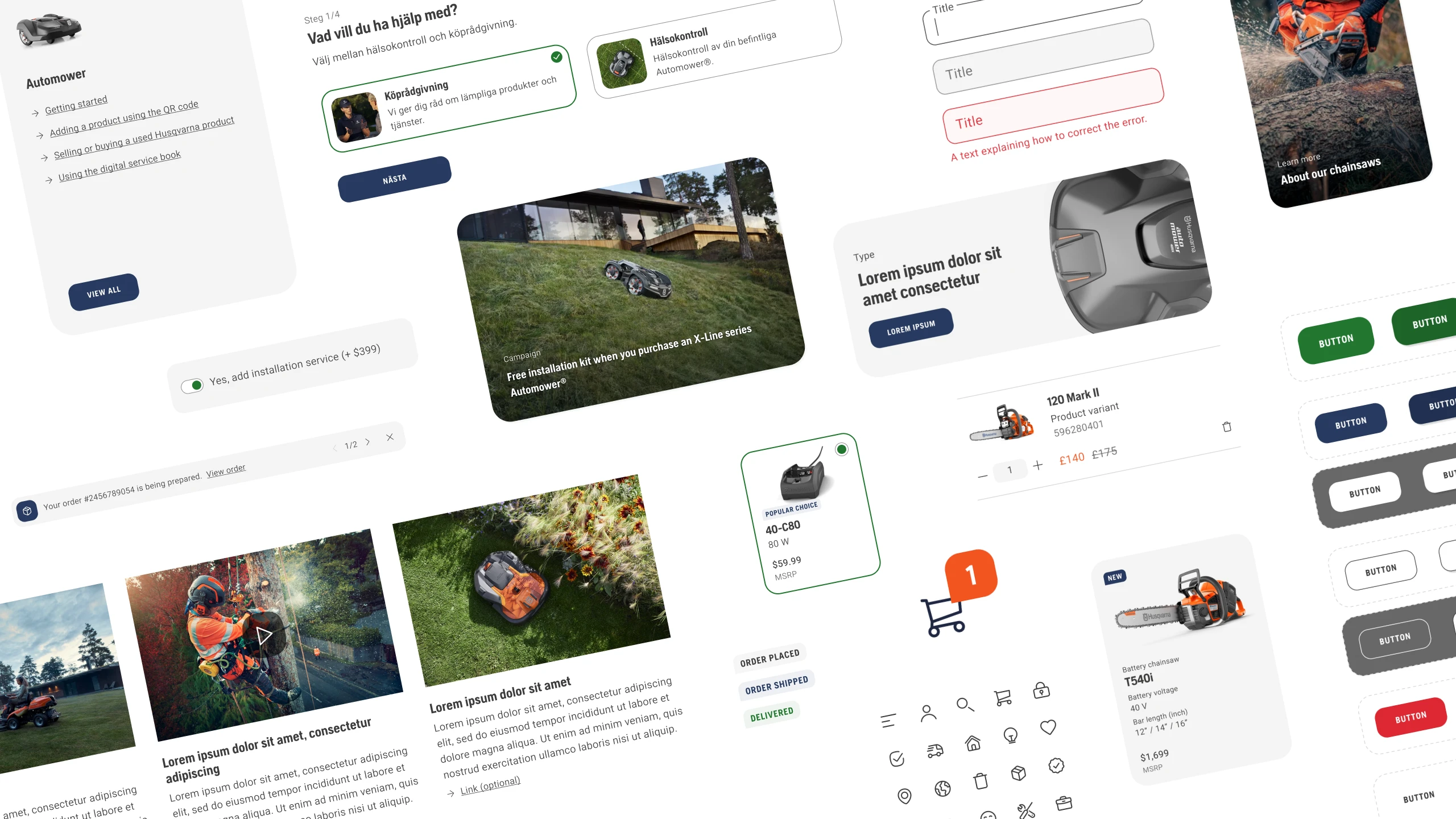 A spread of Husqvarna design system components: cards, form fields, buttons, icons, and product tiles