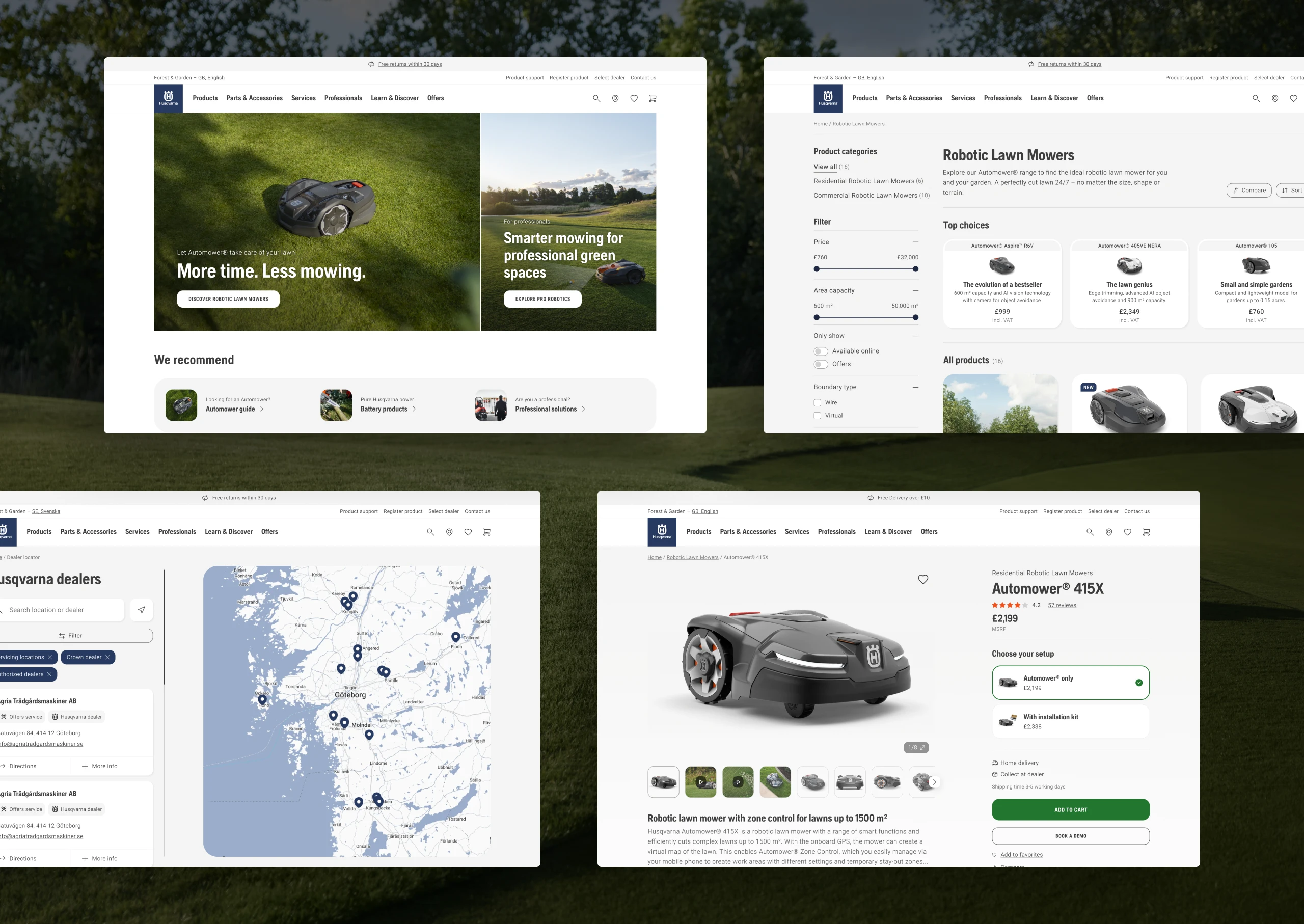 Four desktop screens: the Automower campaign page, a product listing page with filters, the dealer locator, and a product page