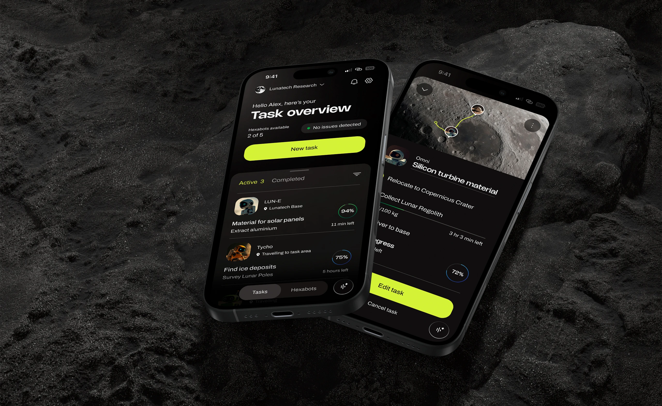 Three dark-mode screens of the Hexabot app – a task overview, task details, and an ongoing task tracked on a map of the moon
