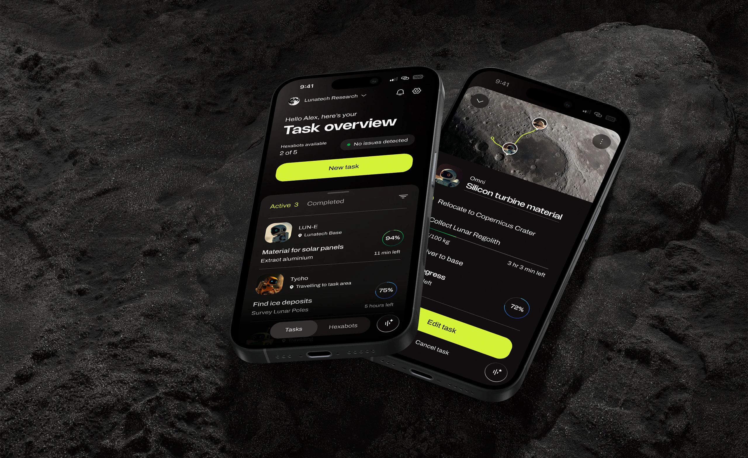Three dark-mode screens of the Hexabot app – a task overview, task details, and an ongoing task tracked on a map of the moon