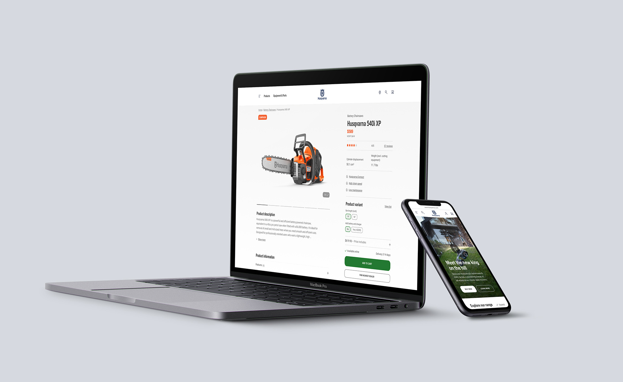 Husqvarna Forest & Garden website shown on a laptop and phone