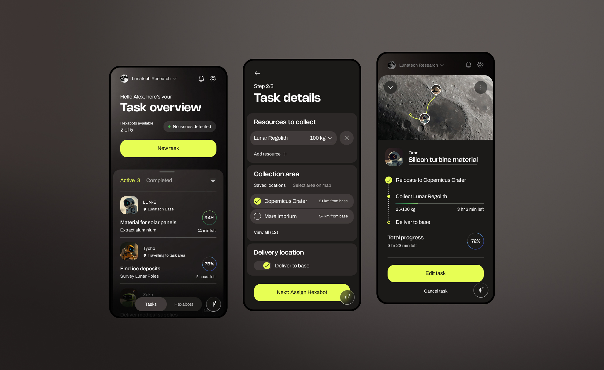Three dark-mode screens of the Hexabot app — a task overview, task details, and an ongoing task tracked on a map of the moon