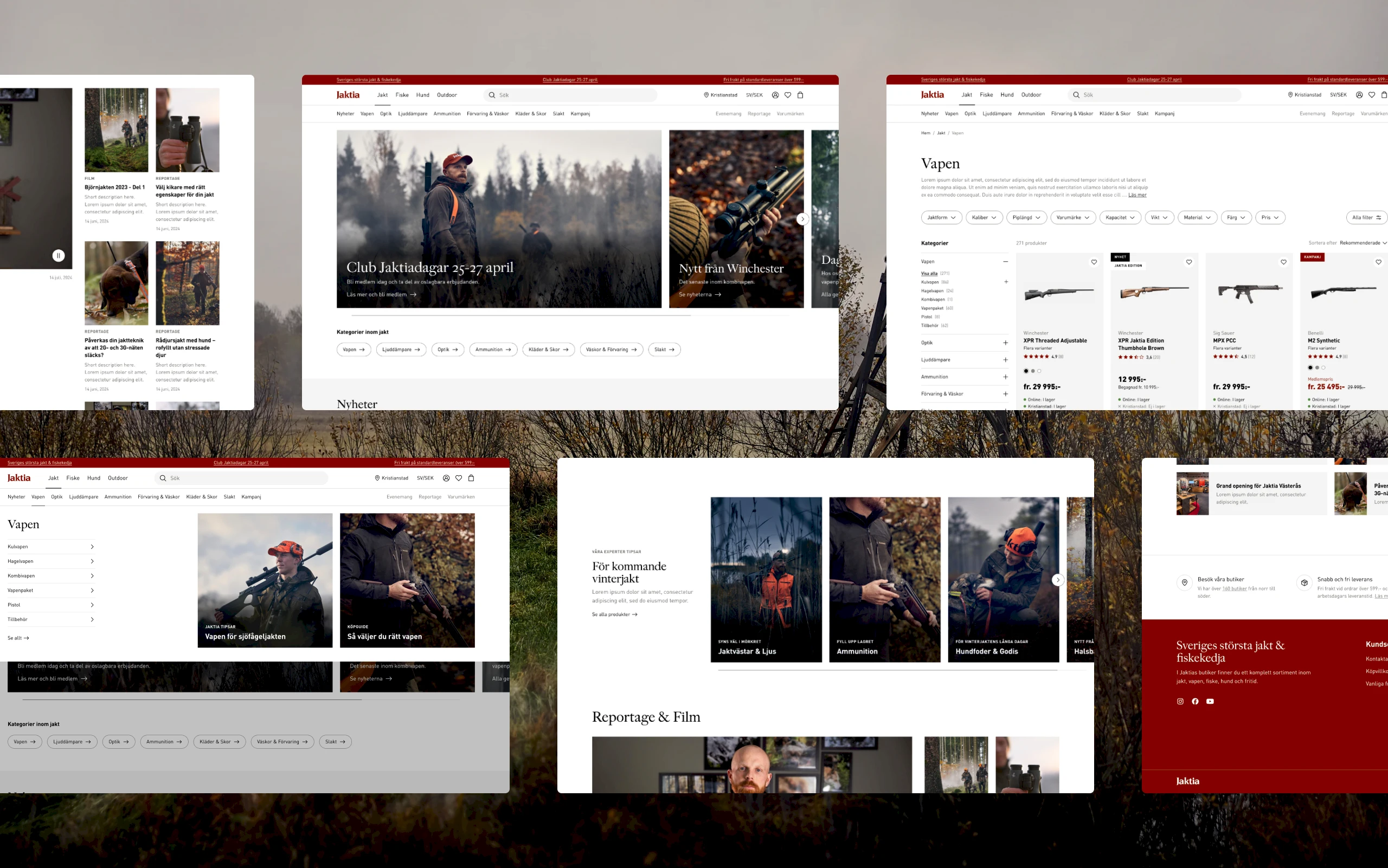 A collage of the delivered Jaktia screens: home, product listing, product, editorial and campaign pages