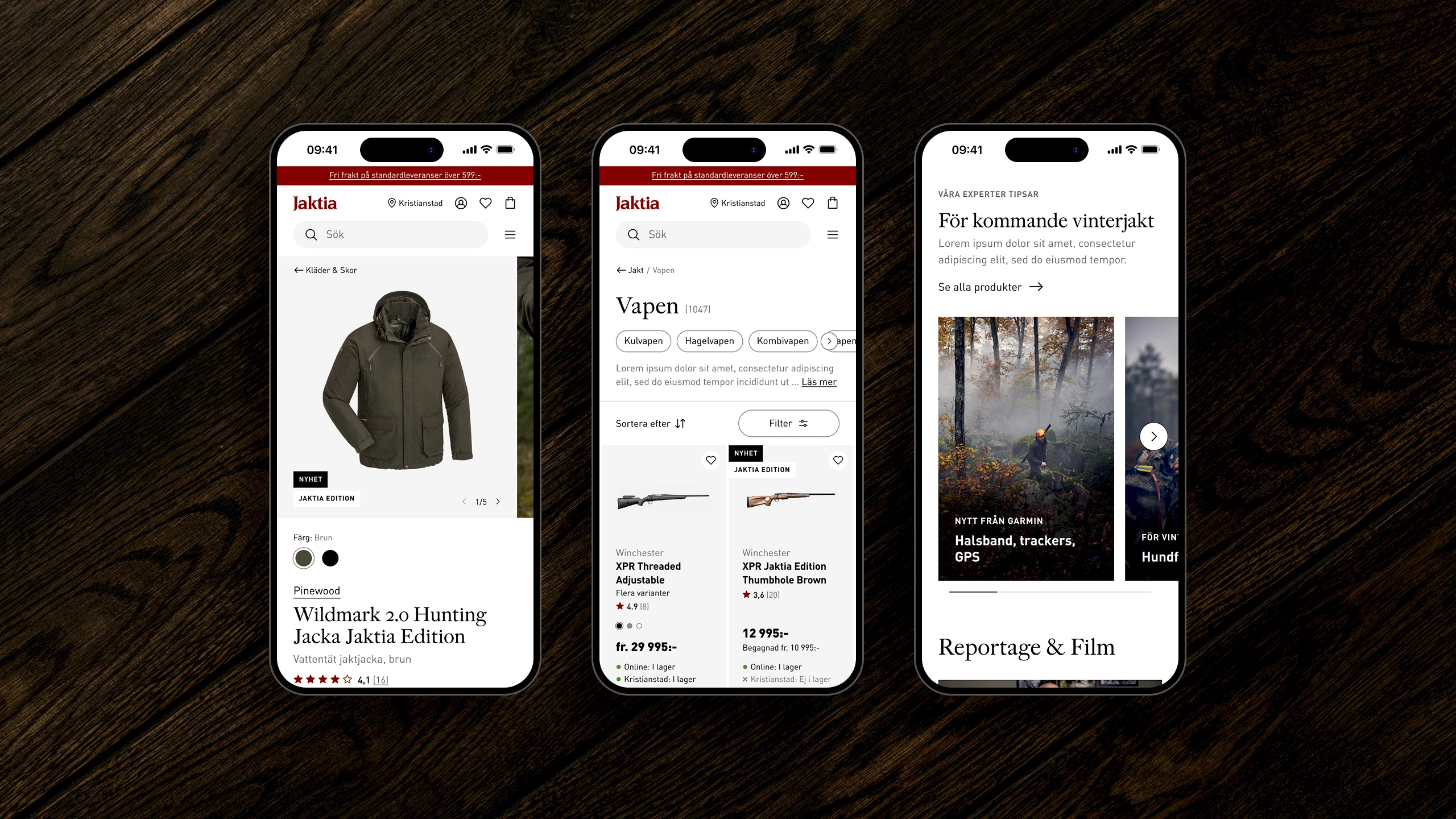 Three phones showing a Jaktia product page, the rifle listing page, and the home page