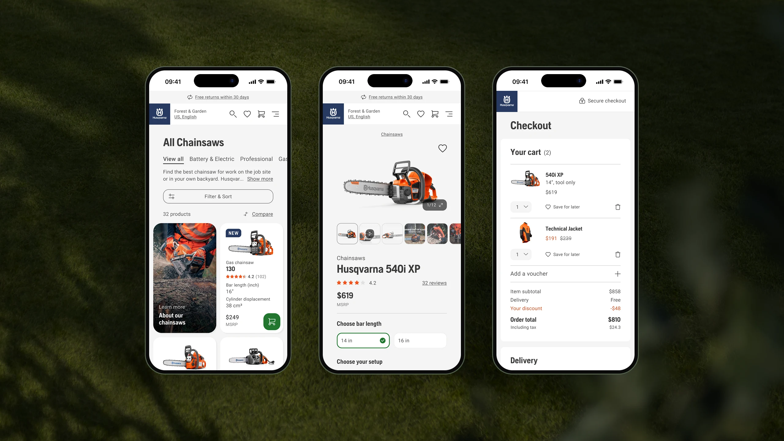 Three phones showing the Husqvarna chainsaw listing page, a product page, and the checkout