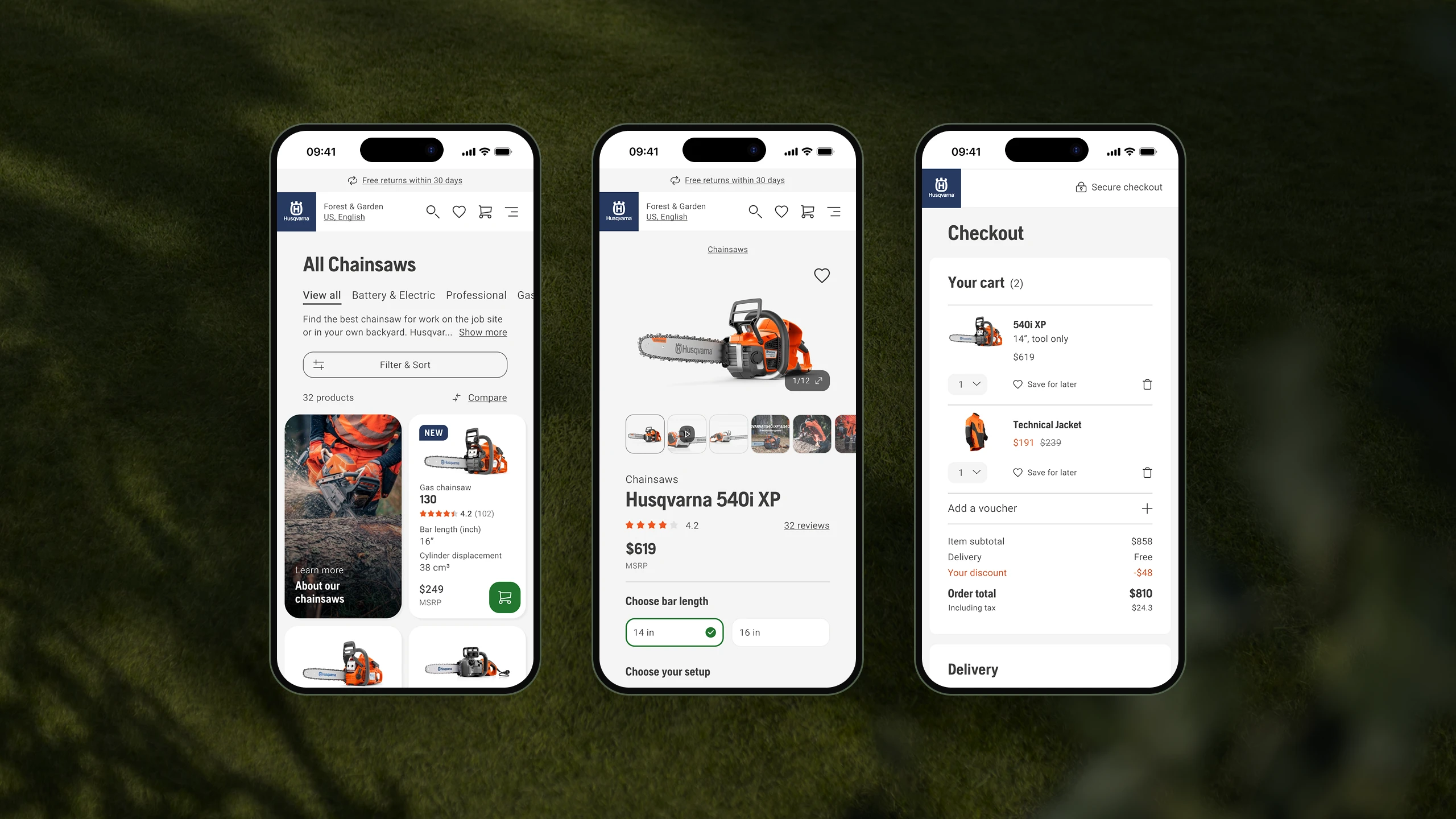 Three phones showing the Husqvarna chainsaw listing page, a product page, and the checkout